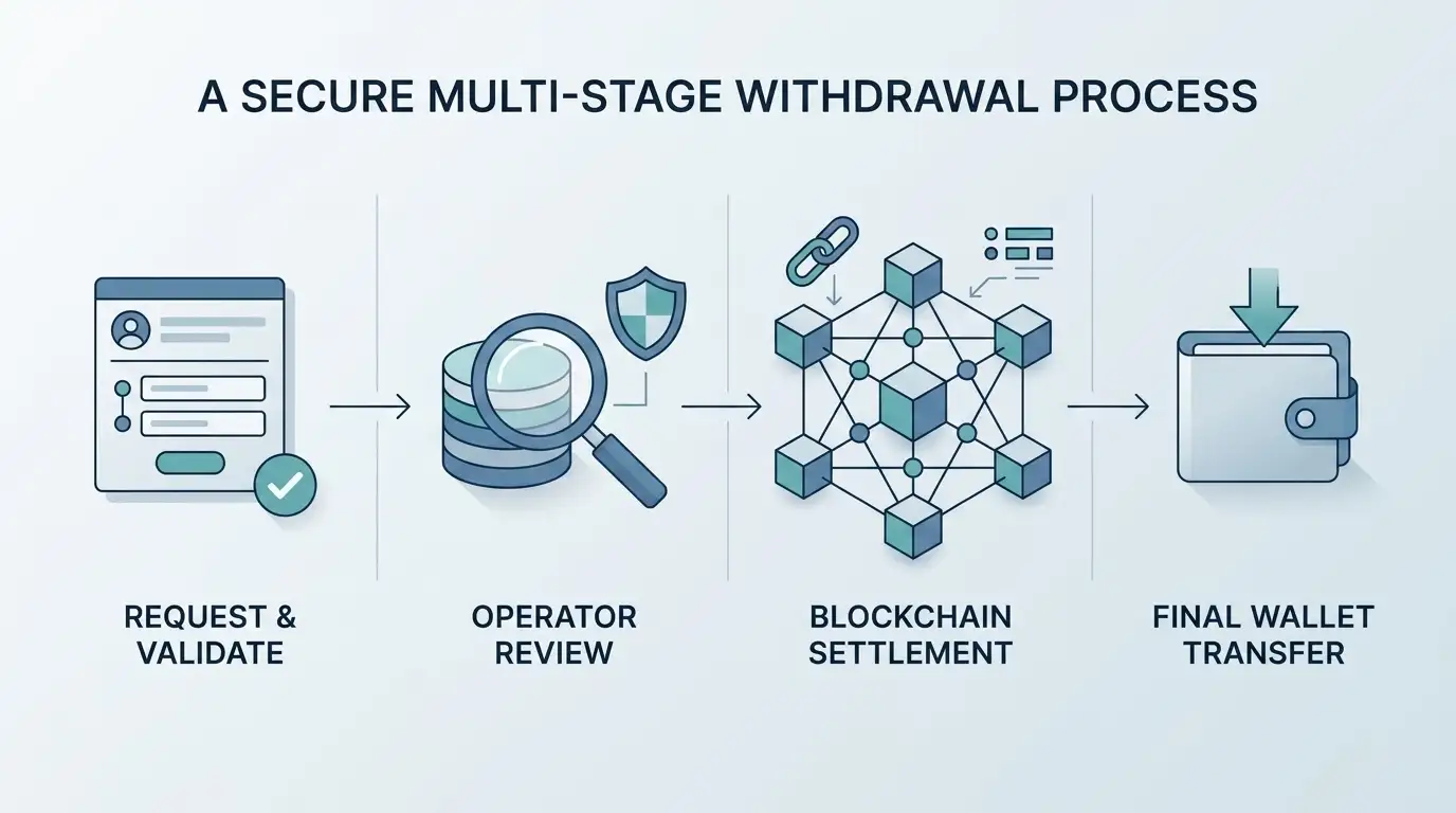 Crypto withdrawal flow from account request through review to a wallet