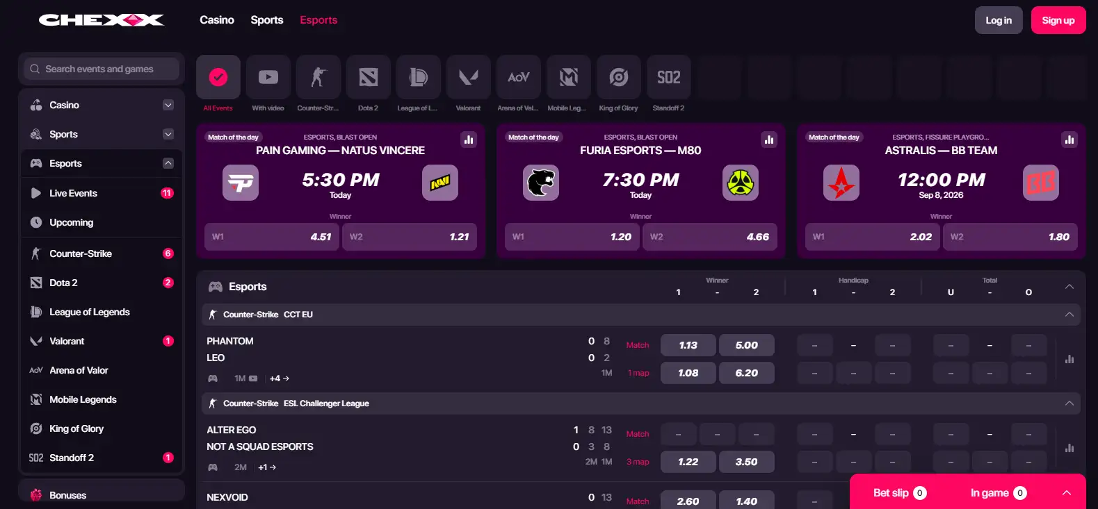 CHEXX esports section with game navigation and betting-market listings
