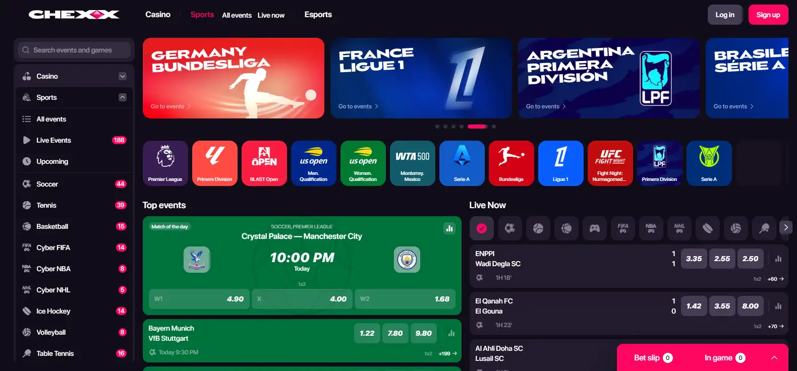 CHEXX sportsbook with sports navigation, event markets and odds