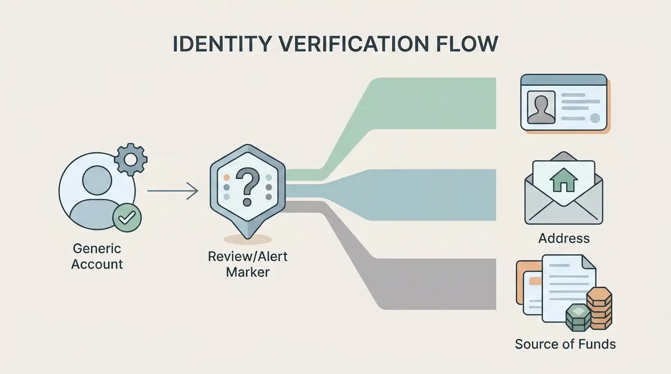Account verification flow from a suspicious-activity trigger to an identity check