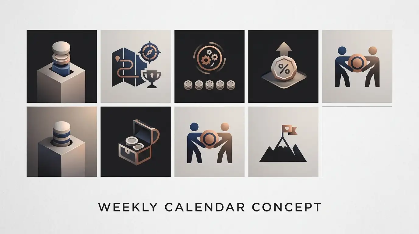 Seven-day promotion schedule with deposits, quests, free spins and cashback