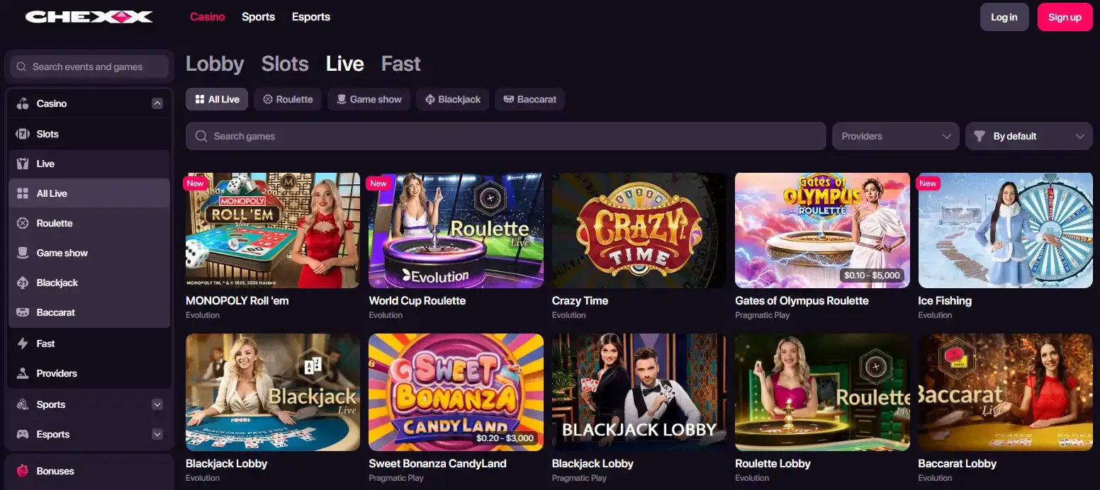 CHEXX Live Casino lobby with live-game categories and table listings