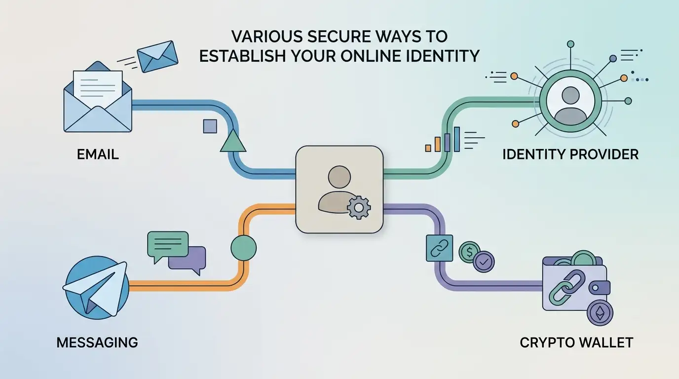 Account access routes using email, Google, Telegram and WalletConnect