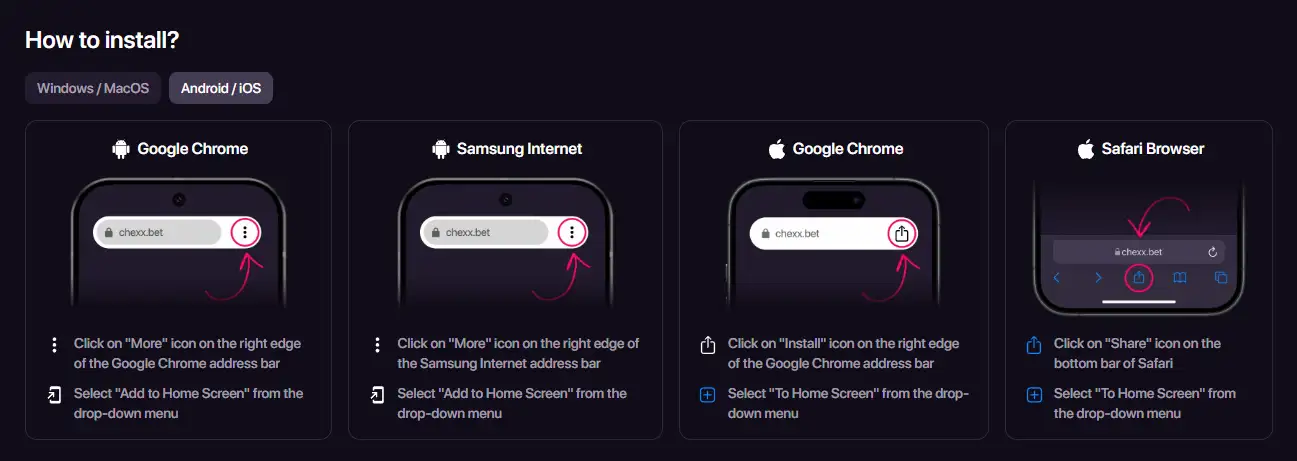 CHEXX PWA installation guidance for supported devices