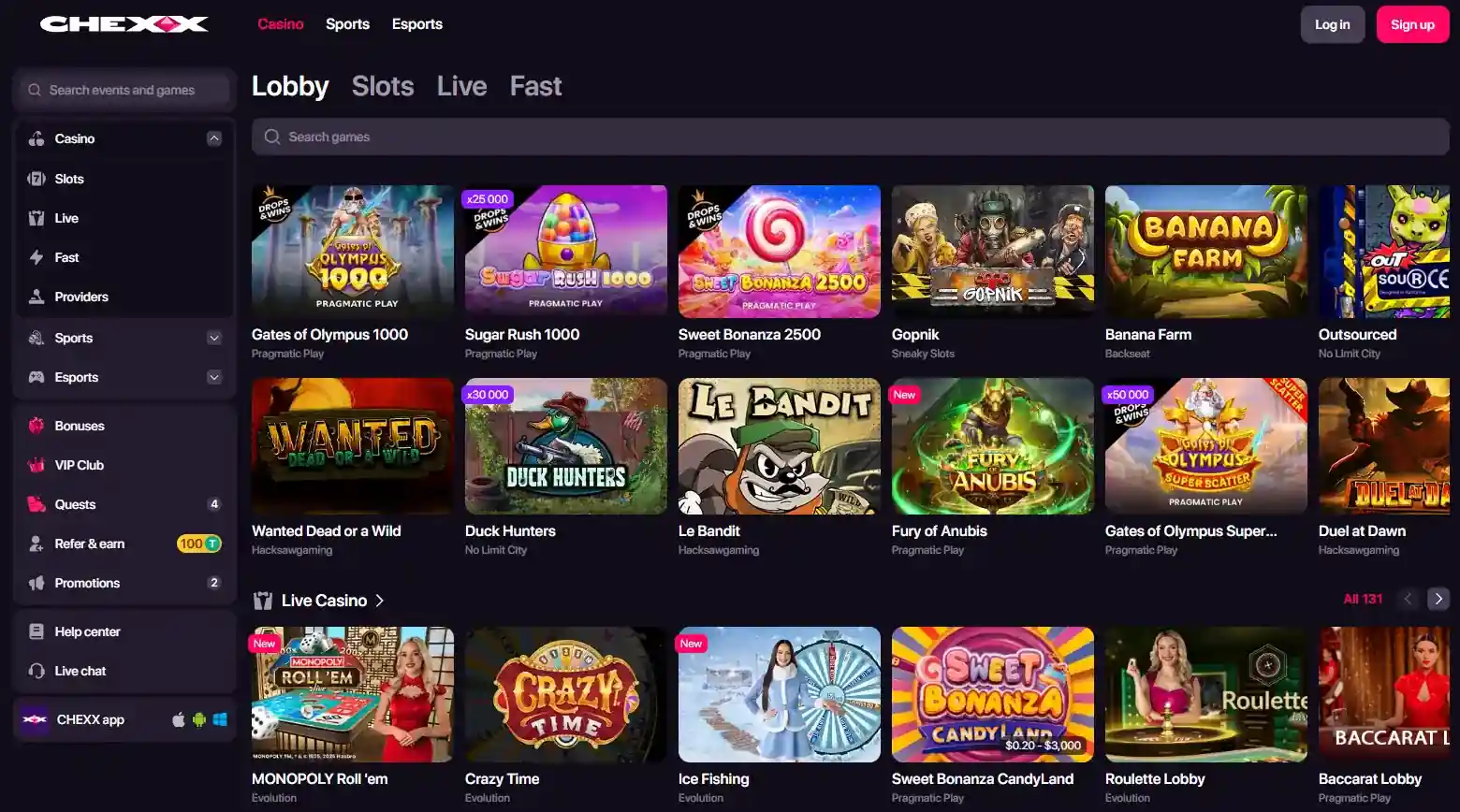 CHEXX casino lobby with game categories and provider listings