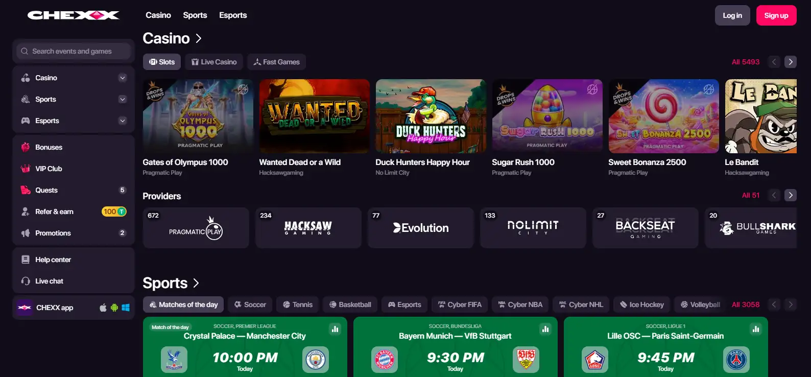 CHEXX homepage and lobby navigation