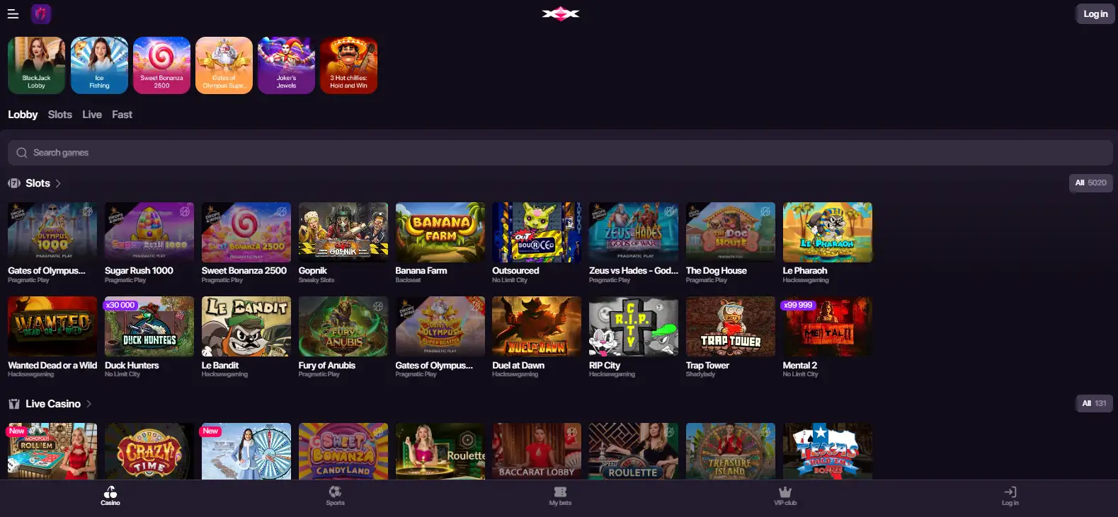 CHEXX casino lobby with categories and provider browsing